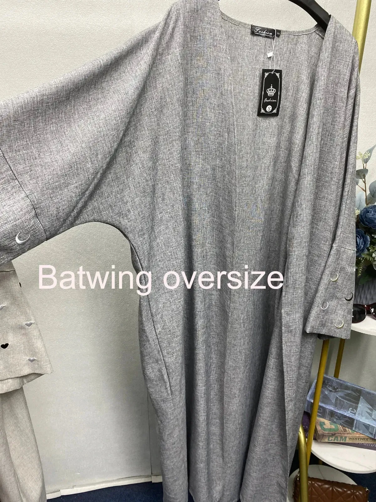 Ramadan Linen Open Abaya - Heart Moon Embroidery Kaftan 2024