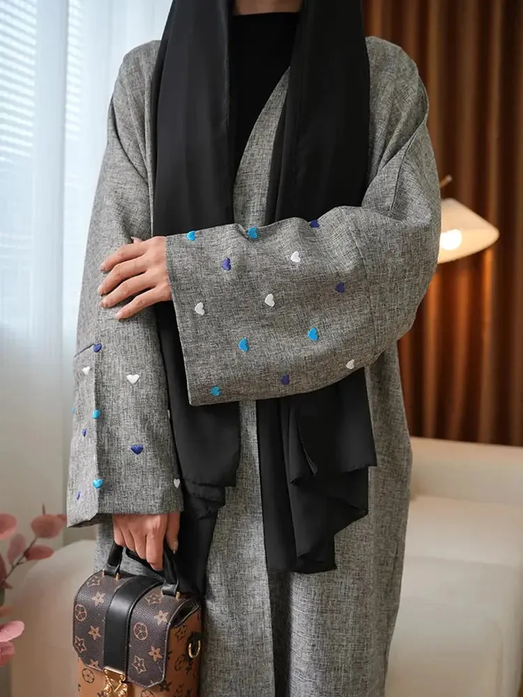 Ramadan Linen Open Abaya - Heart Moon Embroidery Kaftan 2024