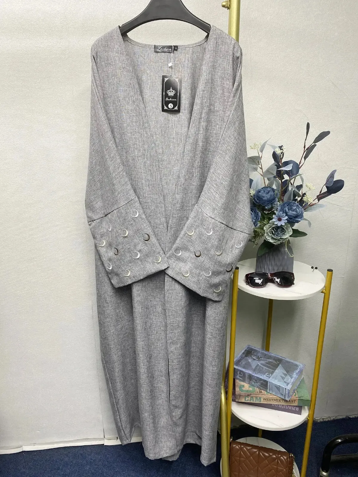 Ramadan Linen Open Abaya - Heart Moon Embroidery Kaftan 2024