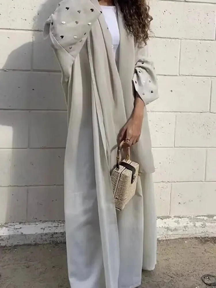 Ramadan Linen Open Abaya - Heart Moon Embroidery Kaftan 2024