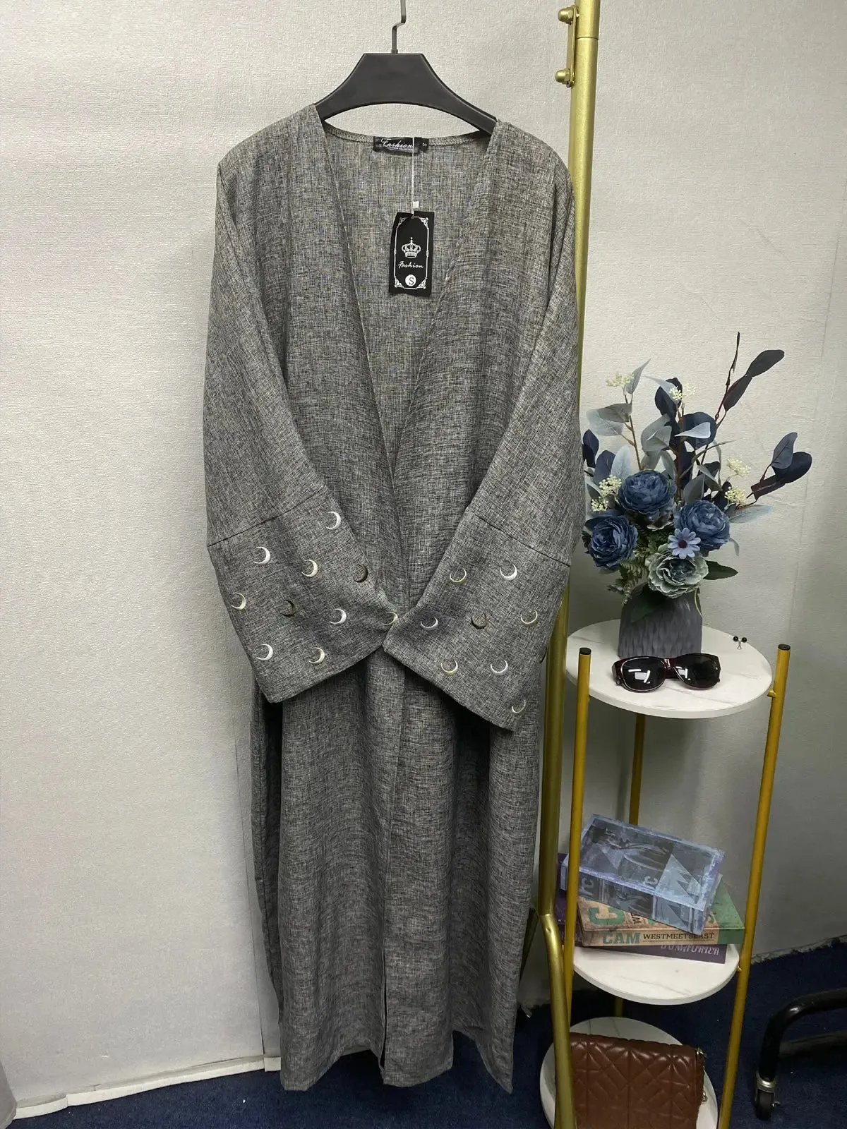 Ramadan Linen Open Abaya - Heart Moon Embroidery Kaftan 2024
