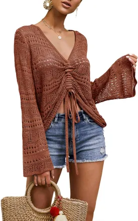 Saodimallsu Womens Boho Off Shoulder Sheer Crop Tops Bell Sleeve Flowy Oversized Crochet Ruched Pullover Sweaters