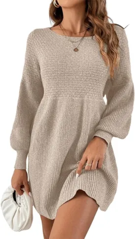 Saodimallsu Womens Crew Neck Mini Sweater Dress Lantern Sleeve High Waisted Rib Knit Dresses Cozy Pullover Long Sweaters