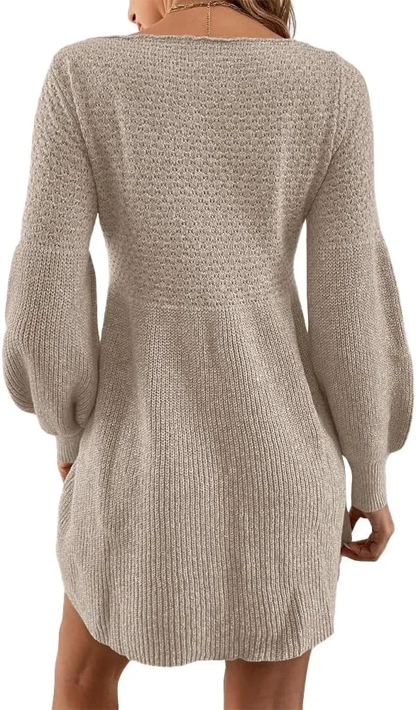 Saodimallsu Womens Crew Neck Mini Sweater Dress Lantern Sleeve High Waisted Rib Knit Dresses Cozy Pullover Long Sweaters