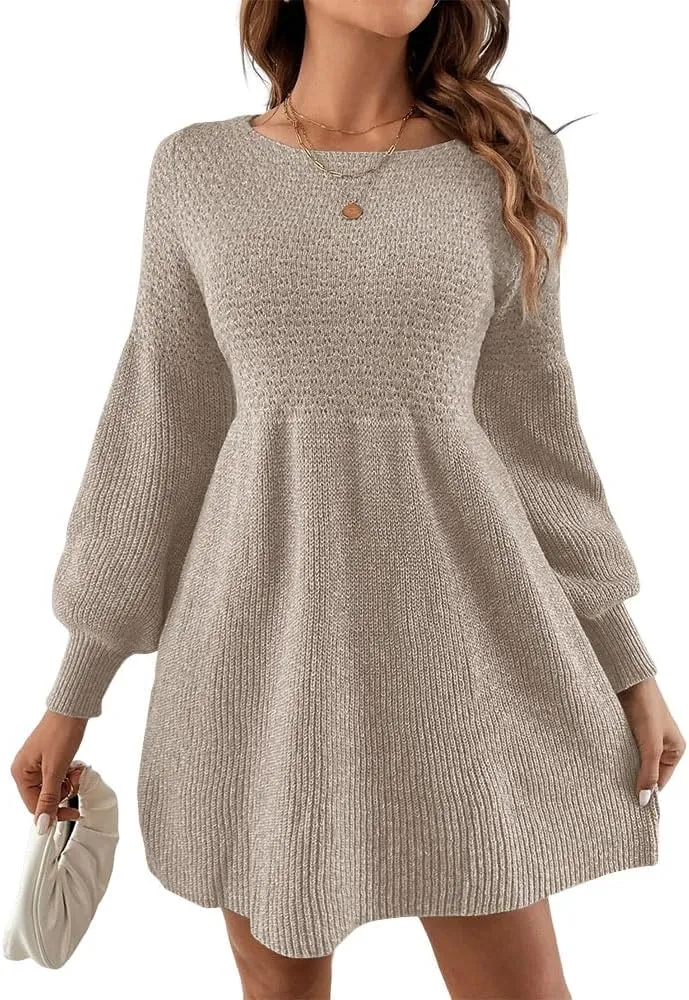 Saodimallsu Womens Crew Neck Mini Sweater Dress Lantern Sleeve High Waisted Rib Knit Dresses Cozy Pullover Long Sweaters