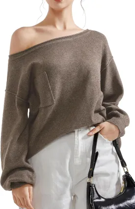 SUUKSESS Women Off The Shoulder Spring Sweaters Long Sleeve Boat Neck Oversized Pullover Sweater Tops
