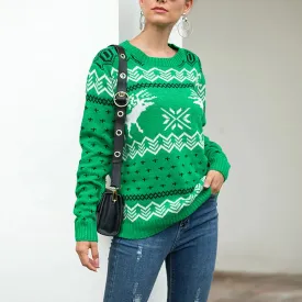 Wenkouban-Christmas Thanksgiving outfits_Round Neck Geometric Pattern Printed Xmas Christmas Party Green Christmas Sweater