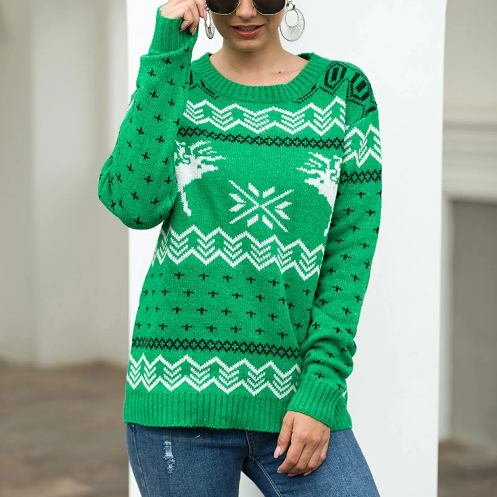 Wenkouban-Christmas Thanksgiving outfits_Round Neck Geometric Pattern Printed Xmas Christmas Party Green Christmas Sweater