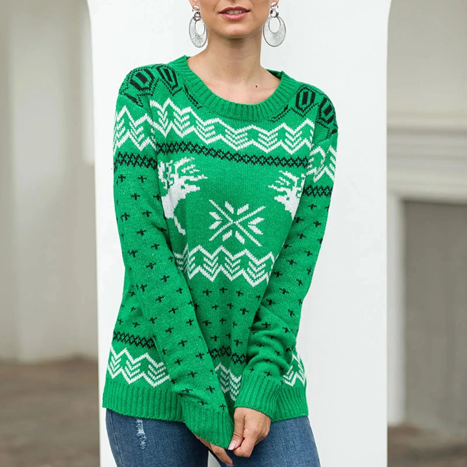Wenkouban-Christmas Thanksgiving outfits_Round Neck Geometric Pattern Printed Xmas Christmas Party Green Christmas Sweater