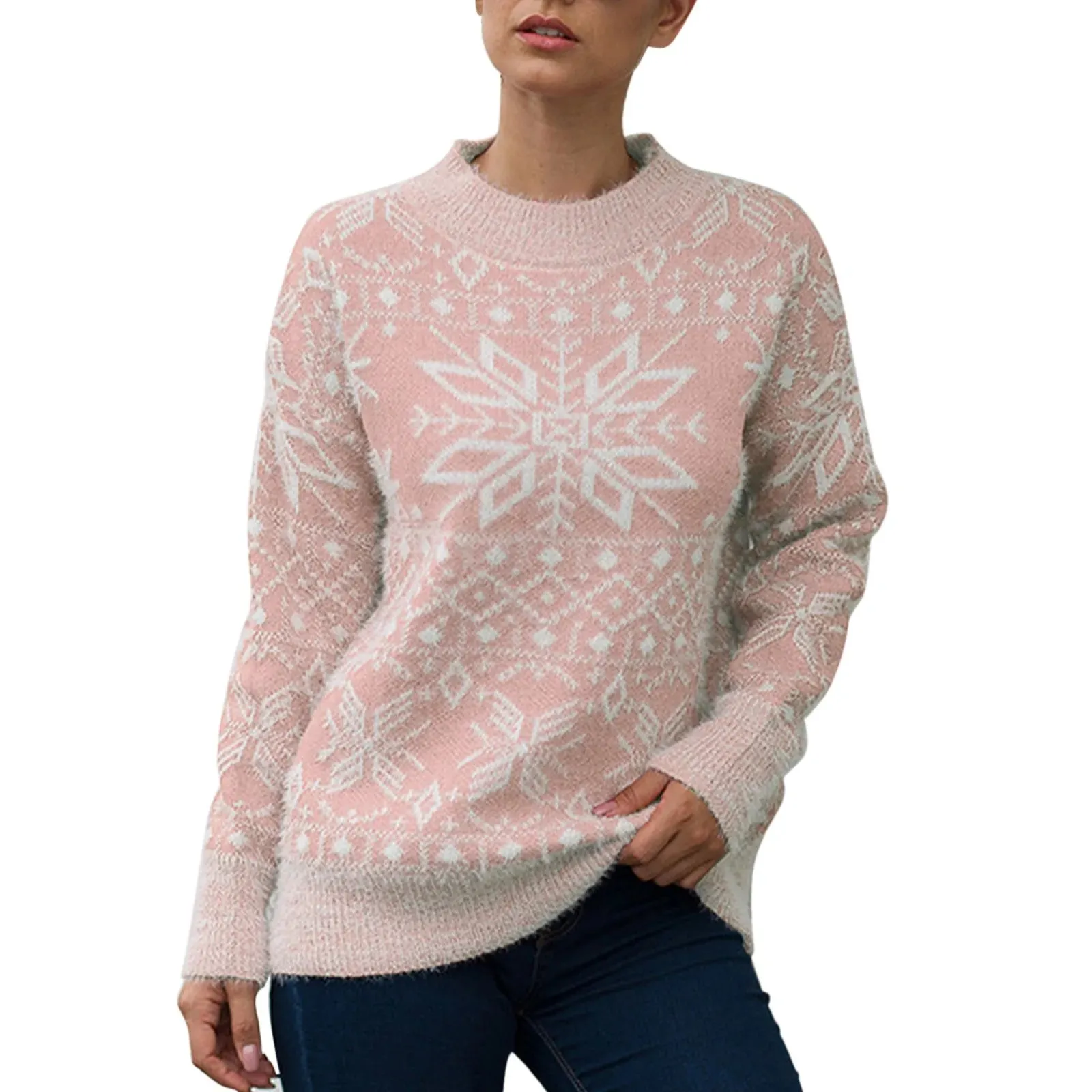 Wenkouban-Christmas Thanksgiving outfits_Round Neck Geometric Pattern Printed Xmas Christmas Party Green Christmas Sweater