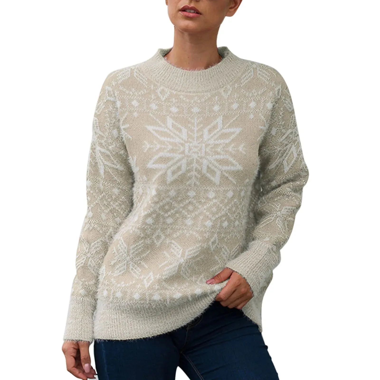 Wenkouban-Christmas Thanksgiving outfits_Round Neck Geometric Pattern Printed Xmas Christmas Party Green Christmas Sweater