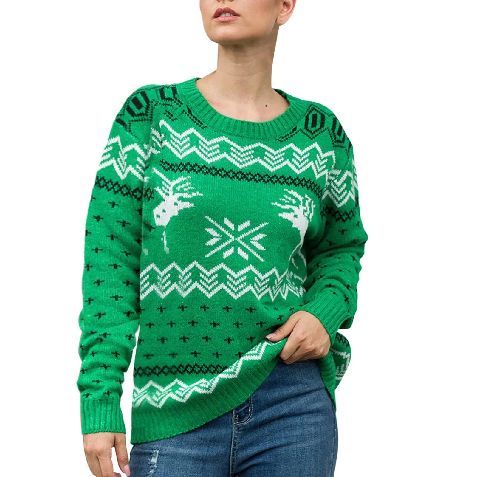 Wenkouban-Christmas Thanksgiving outfits_Round Neck Geometric Pattern Printed Xmas Christmas Party Green Christmas Sweater