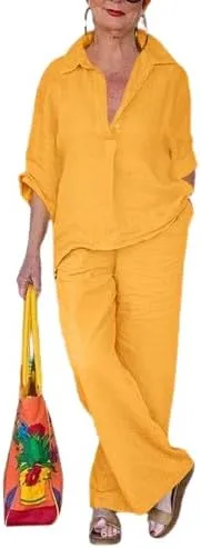 Women 2 Piece Cotton Linen Outfits Casual Loose 3/4 Sleeve Button Tops High Waist Wide Leg Pants Suit with Pockets