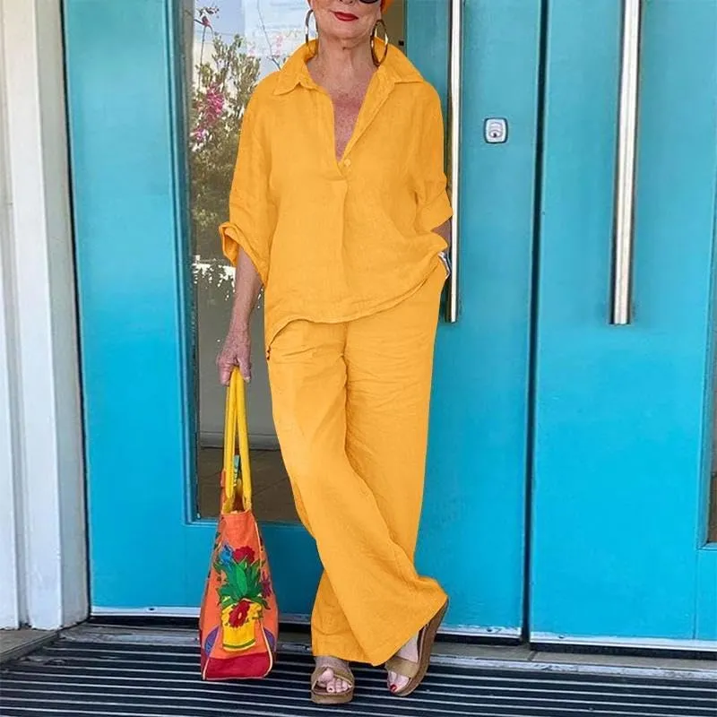 Women 2 Piece Cotton Linen Outfits Casual Loose 3/4 Sleeve Button Tops High Waist Wide Leg Pants Suit with Pockets