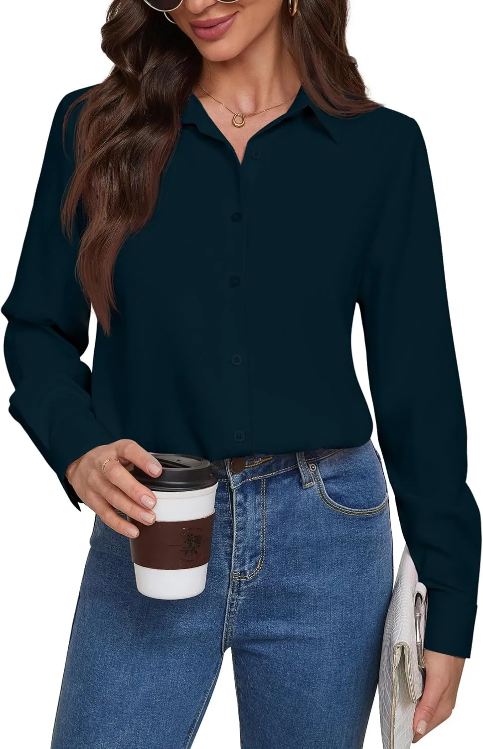 Women Wrinkle Free Soft and Breathable Chiffon Button Down Long Sleeve Blouse Collared Shirt Work Casual Tops