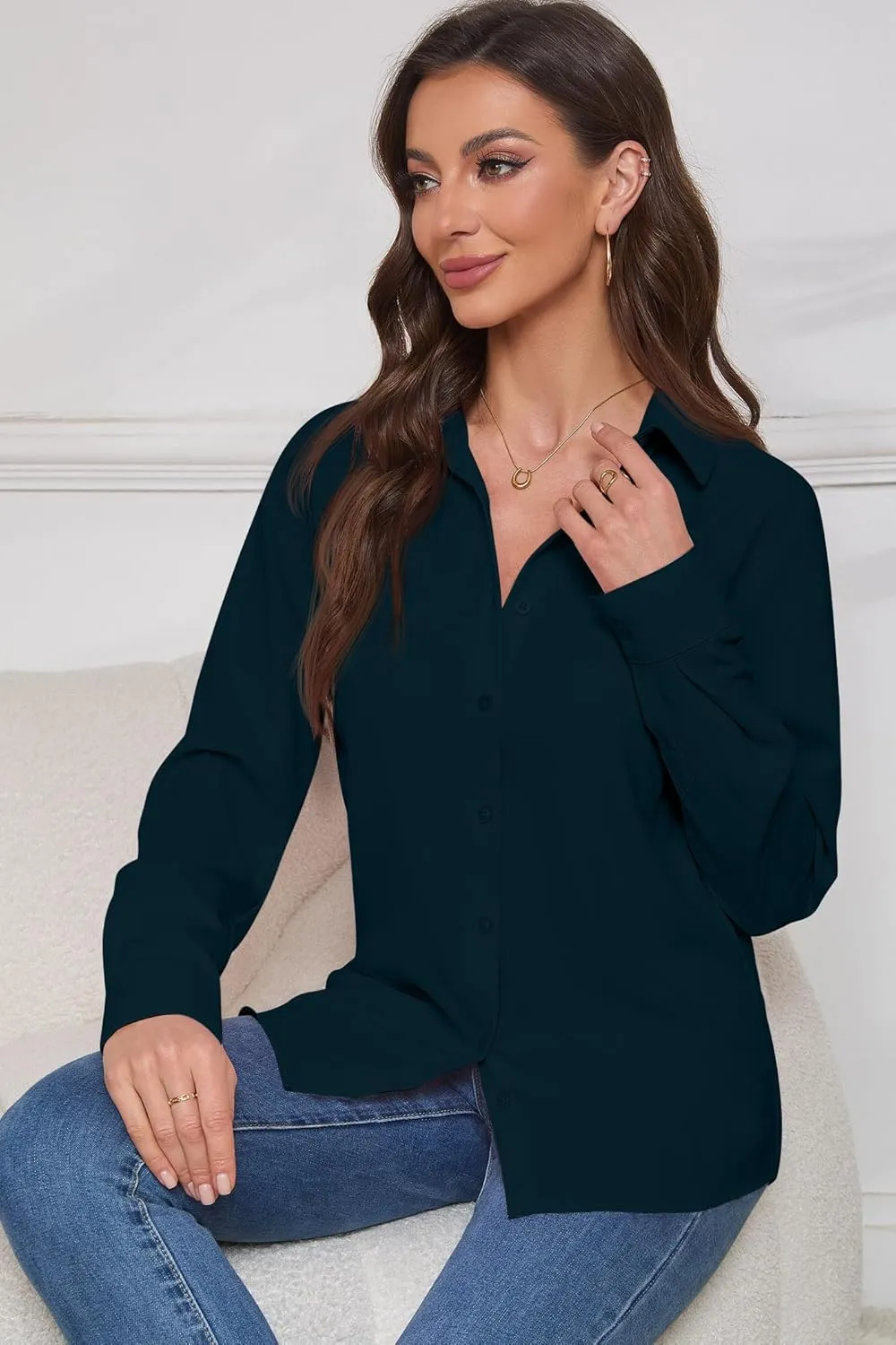 Women Wrinkle Free Soft and Breathable Chiffon Button Down Long Sleeve Blouse Collared Shirt Work Casual Tops