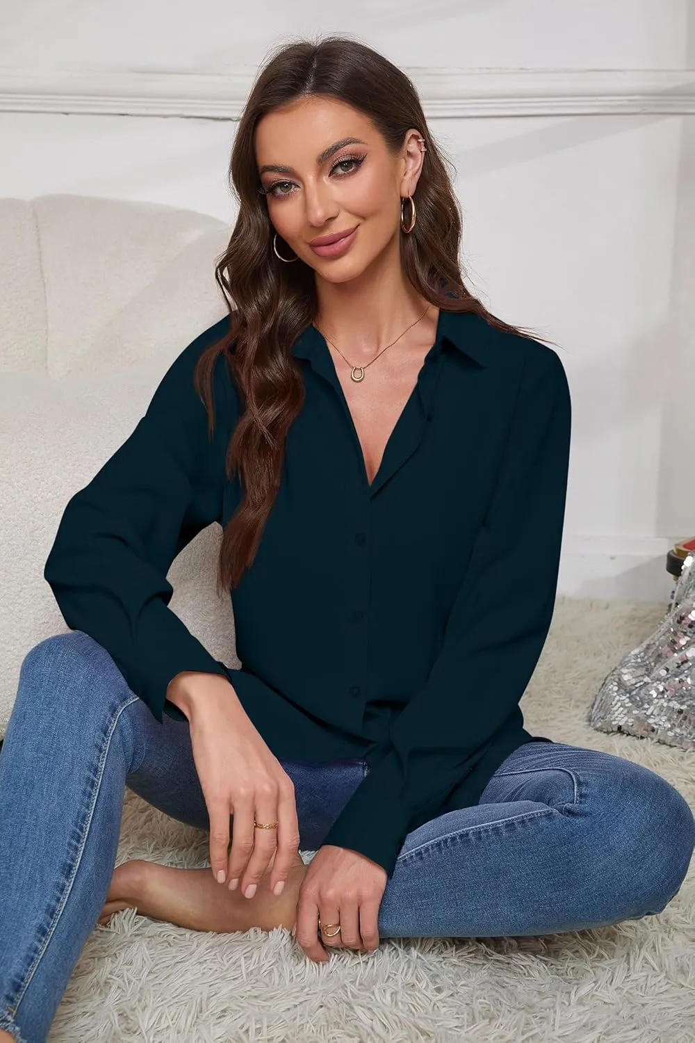 Women Wrinkle Free Soft and Breathable Chiffon Button Down Long Sleeve Blouse Collared Shirt Work Casual Tops