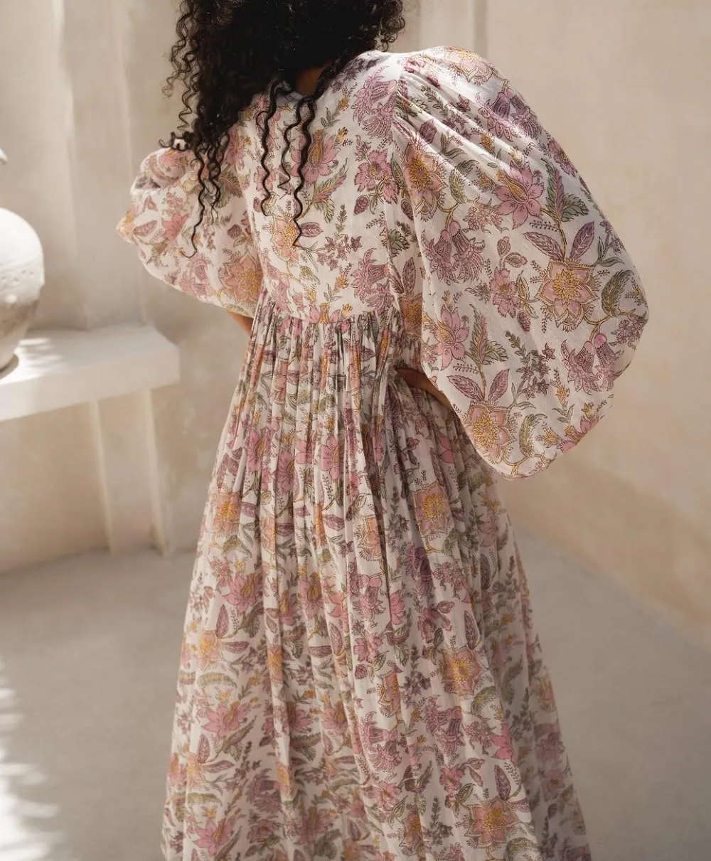 Women's Boho Floral Maxi Dress Puff Sleeve V-Neck Loose Fit Tiered Sundress S/M/L Pink All Seasons Casual Dress