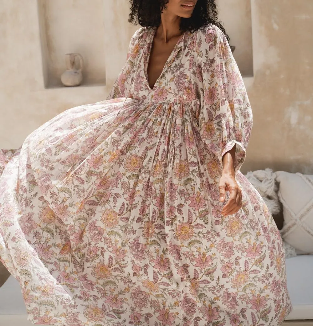Women's Boho Floral Maxi Dress Puff Sleeve V-Neck Loose Fit Tiered Sundress S/M/L Pink All Seasons Casual Dress