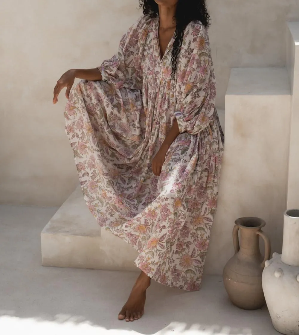 Women's Boho Floral Maxi Dress Puff Sleeve V-Neck Loose Fit Tiered Sundress S/M/L Pink All Seasons Casual Dress