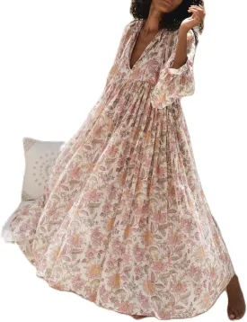Women's Boho Floral Maxi Dress Puff Sleeve V-Neck Loose Fit Tiered Sundress S/M/L Pink All Seasons Casual Dress