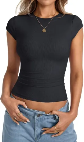 Womens Cap Sleeve Tops Summer Crew Neck Short Sleeve Shirts Slim Fit Basic Ribbed Tops Y2K 2025 Going Out Crop
