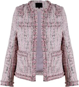 Women's Collarless Plaid Tweed Blazer Elegant Open Front Fringed Casual Business Glitter Jacket