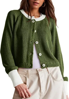 Women's Cropped Cardigan Sweaters Fall Long Sleeve Open Front Cardigans Button Down Color Block Crewneck Knit Outwear Coats