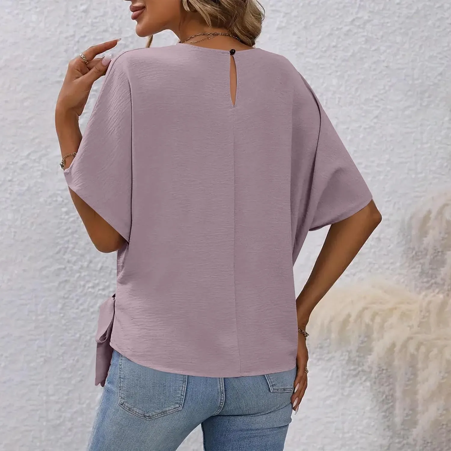 Women's Fashion Batwing Sleeve Shirts Round Neck Tie Knot Side Blouse Oversized Textured Tops Solid Color Tee Tunics