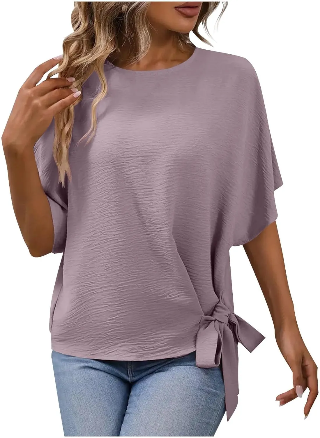 Women's Fashion Batwing Sleeve Shirts Round Neck Tie Knot Side Blouse Oversized Textured Tops Solid Color Tee Tunics