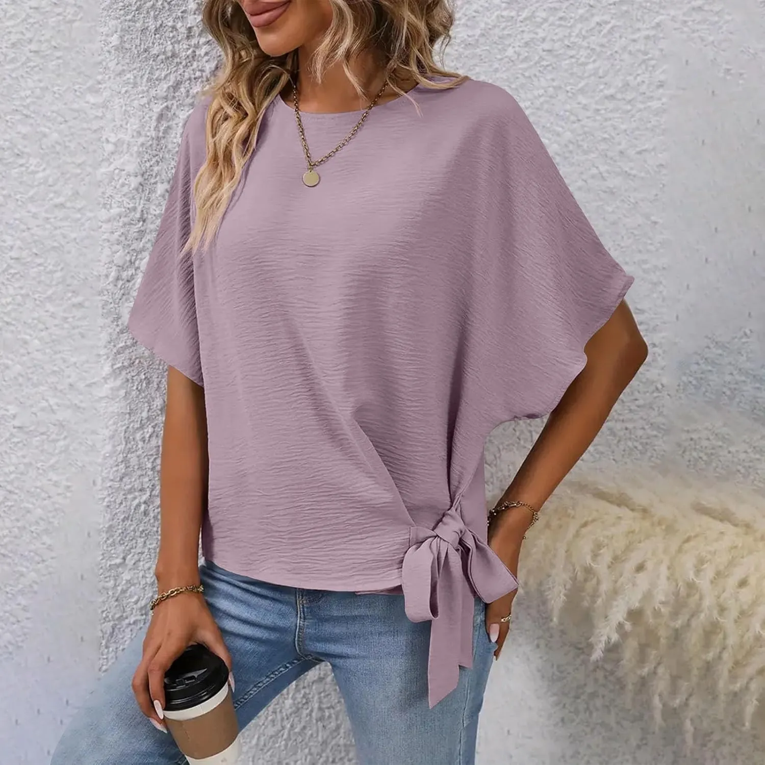 Women's Fashion Batwing Sleeve Shirts Round Neck Tie Knot Side Blouse Oversized Textured Tops Solid Color Tee Tunics