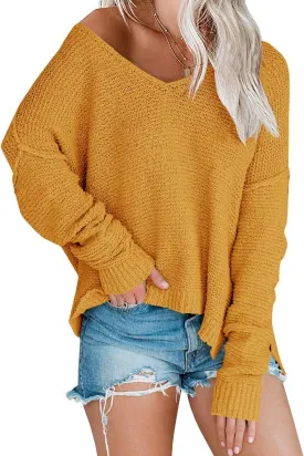 Womens Off Shoulder Knit Sweaters Oversized V Neck Long Sleeve Loose Lightweight Pullover Tops