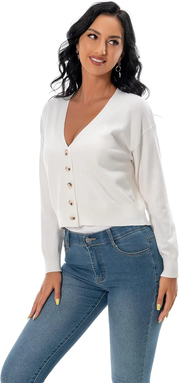 Women's V Neck Long Sleeve Cropped Cardigan Sweaters Solid Button Down Knit Bolero Shrugs