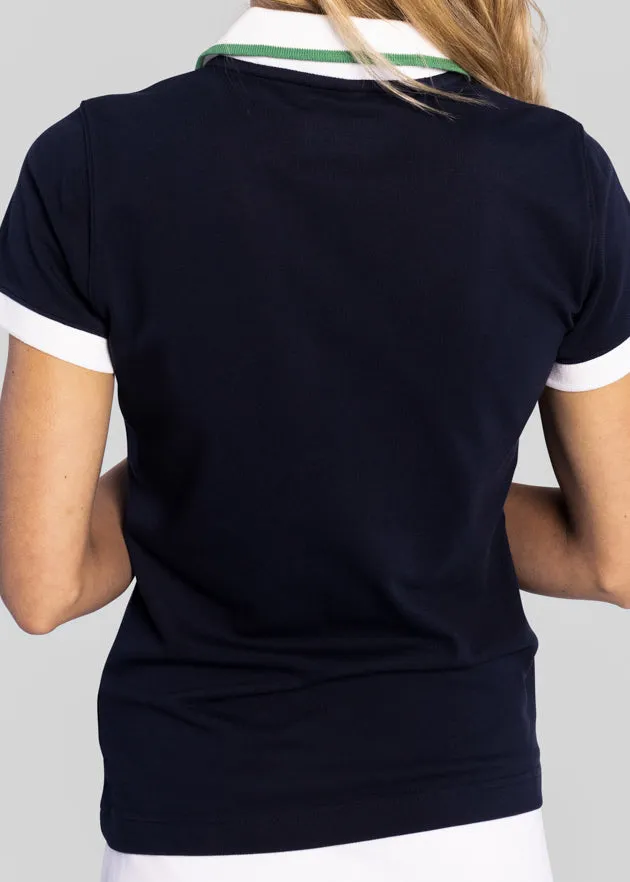 Women's V-Neck Pique Polo | Navy/White