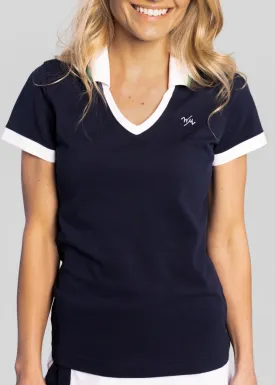 Women's V-Neck Pique Polo | Navy/White