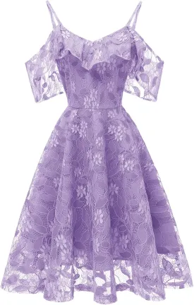 Womens Vintage Lace Floral Wedding Party Dress Short Aline Cocktail Swing Dress Spaghetti Strap Bridesmaid Sundress