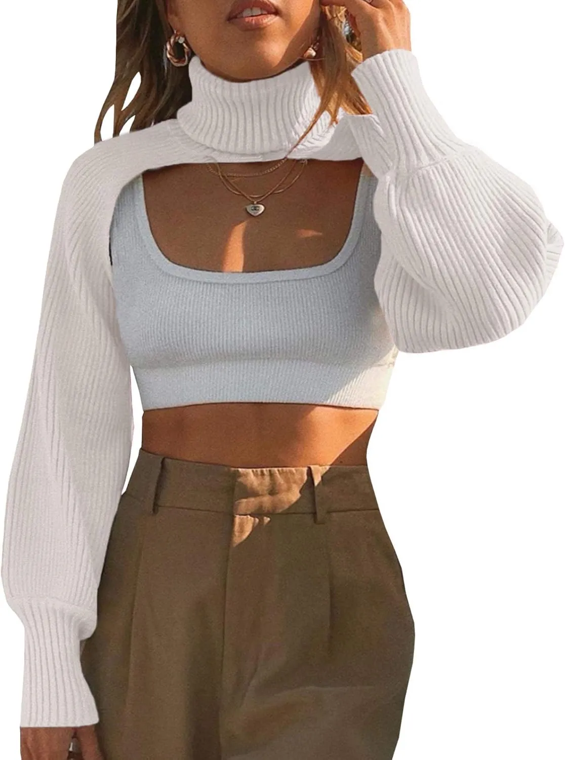 xxxiticat Women's Turtleneck Shrug Sweater Long Sleeve High Neck Cutout Knitted Arm Warmer Cropped Sweaters