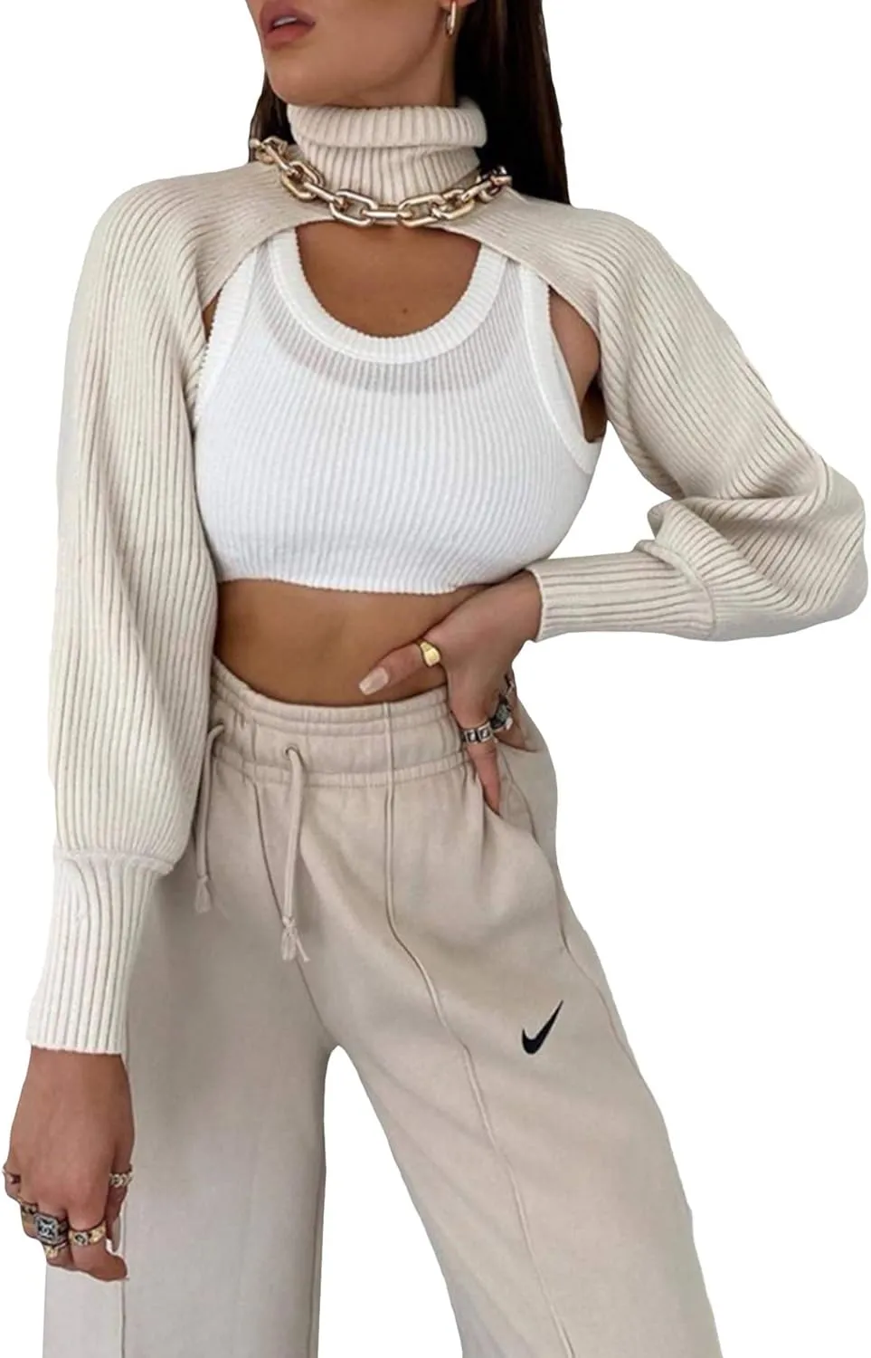 xxxiticat Women's Turtleneck Shrug Sweater Long Sleeve High Neck Cutout Knitted Arm Warmer Cropped Sweaters