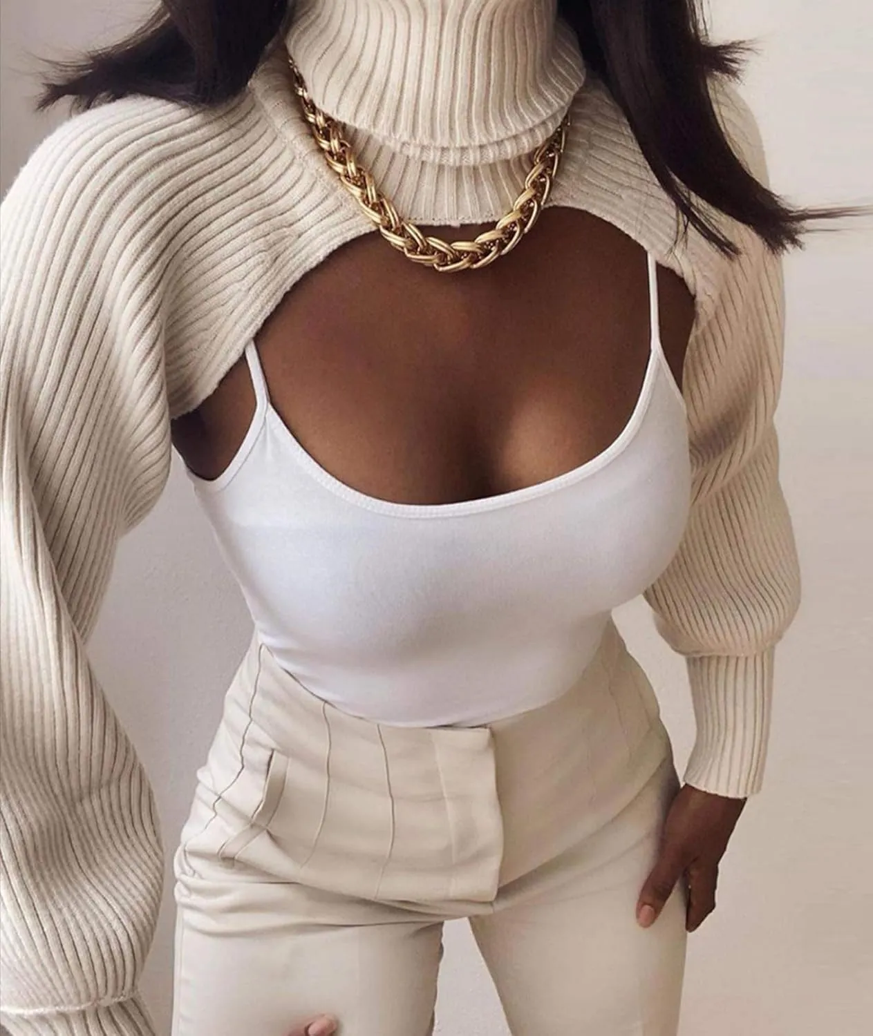 xxxiticat Women's Turtleneck Shrug Sweater Long Sleeve High Neck Cutout Knitted Arm Warmer Cropped Sweaters