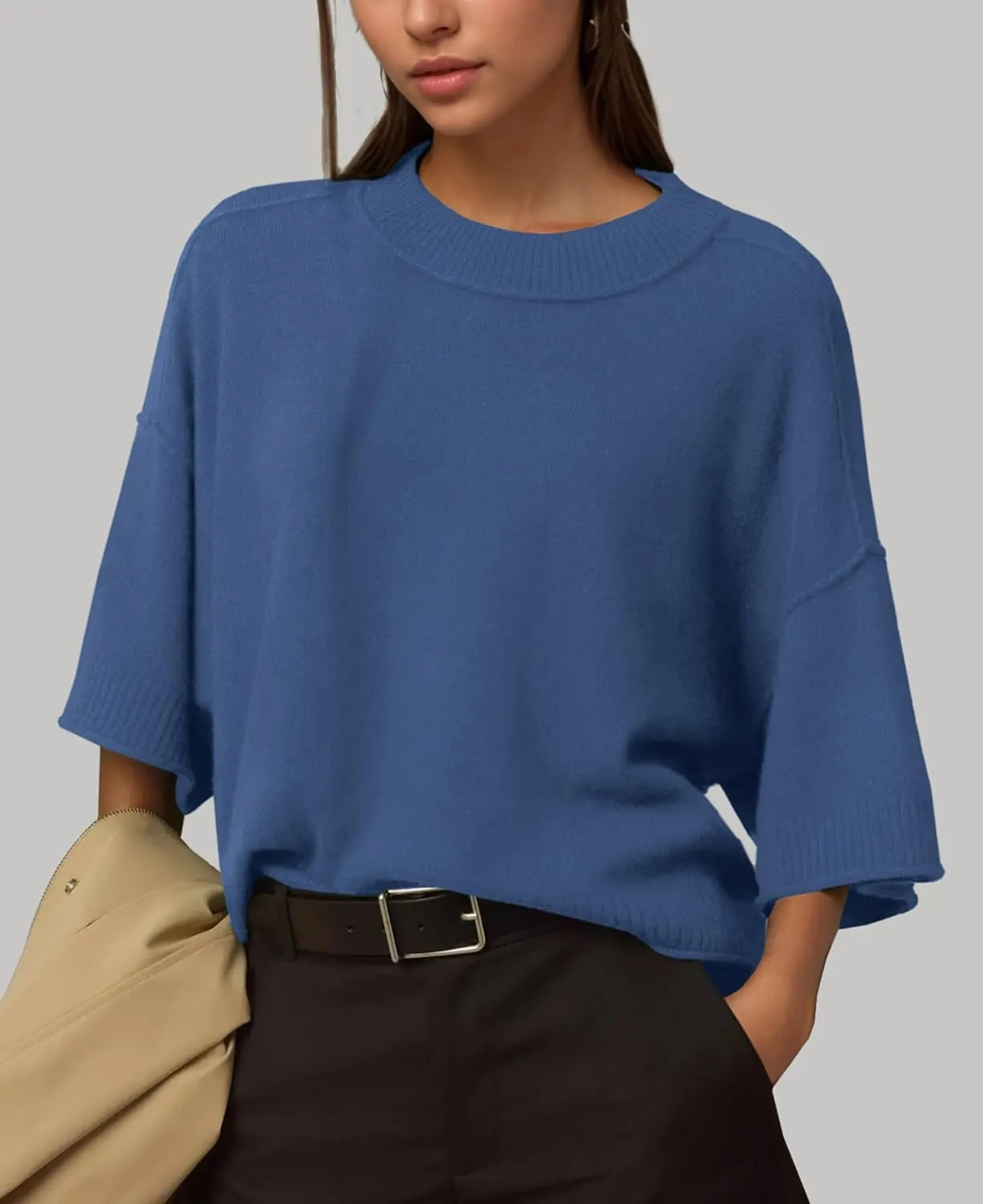 ZDC Women's Oversized Sweaters Summer 3/4 Sleeve Casual Cropped Tops Lightweight Loose Fit Knit Pullover