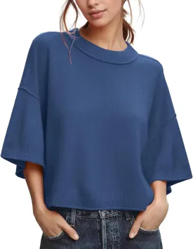 ZDC Women's Oversized Sweaters Summer 3/4 Sleeve Casual Cropped Tops Lightweight Loose Fit Knit Pullover