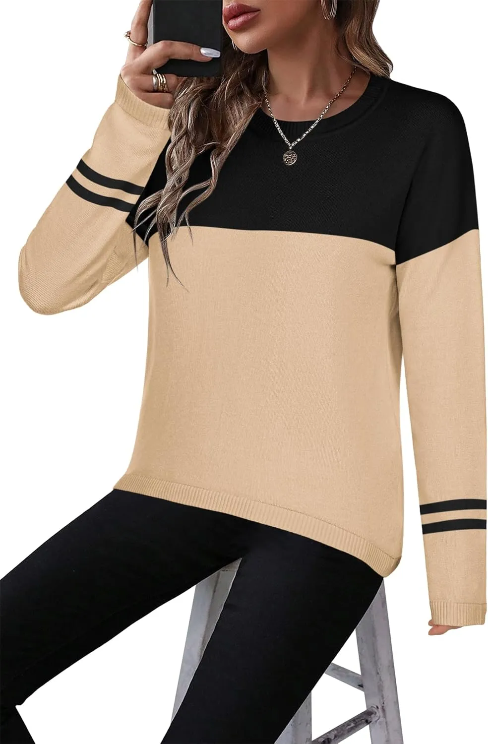 Zeagoo Sweaters for Women Fall Outfits Trendy 2024 Long Sleeve Crew Neck Knit Pullover Sweater Tops